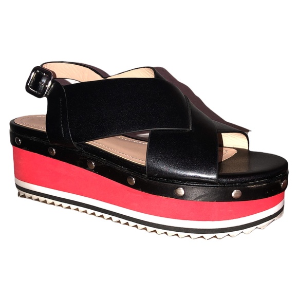 ZARA Leather Crisscross Wedge Platform Sandal Studded Accents Y2K